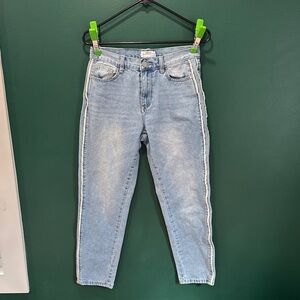 Light Blue Women's Slim Straight Jeans with Side Stripe